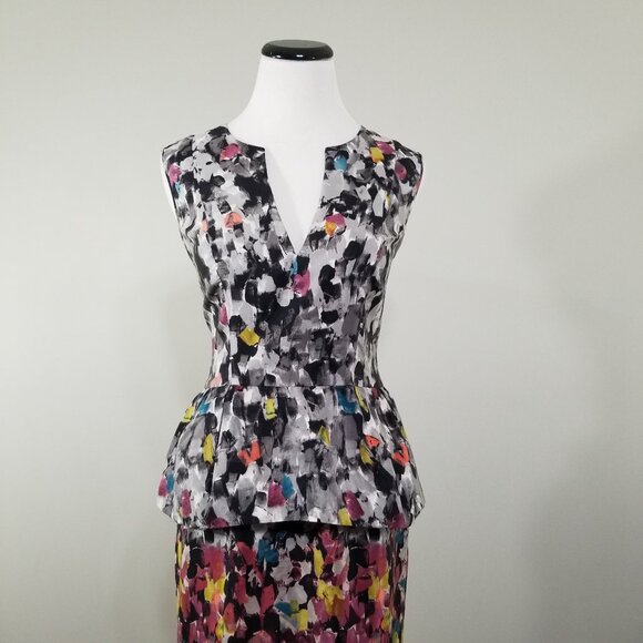 BCBG Max Azaria Silk Peplum Dress Size 6 Artsy Amelia Sheath - Picture 2 of 8